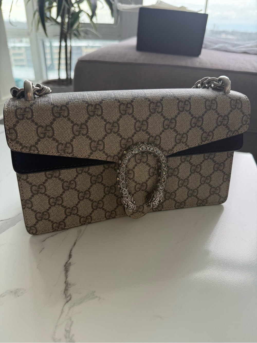 Gucci Beige GG Supreme Shoulder Bag with Black Trim and Silver Hardware